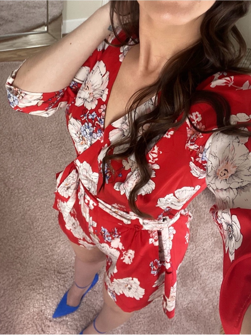 EUC Yumi Kim Red Floral Romper with Tie Waist Size L
